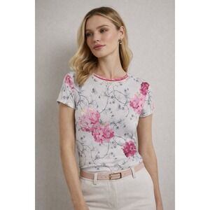 Ted Baker London Womens Floral Graphic T-Shirt Pink Grey Crew Neck Size Large